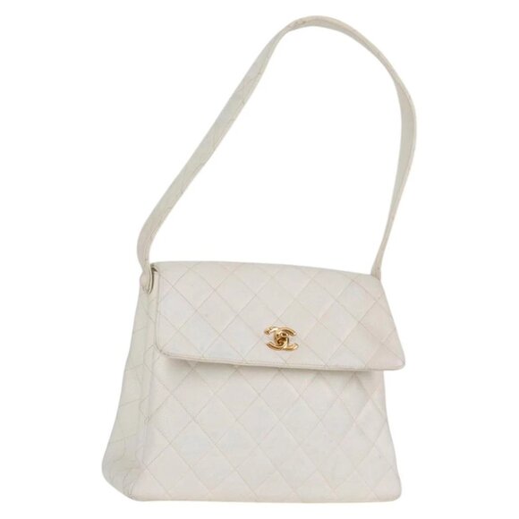 CHANEL COCO Mark Shoulder Bag Calf Skin White Gold CC Auth yk18006 - Picture 1 of 16